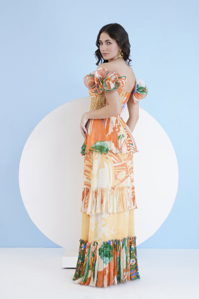 Mandira Wirk Mysterious Tropic Printed Tiered Dress With Corsage Sleeves indian designer wear online shopping melange singapore