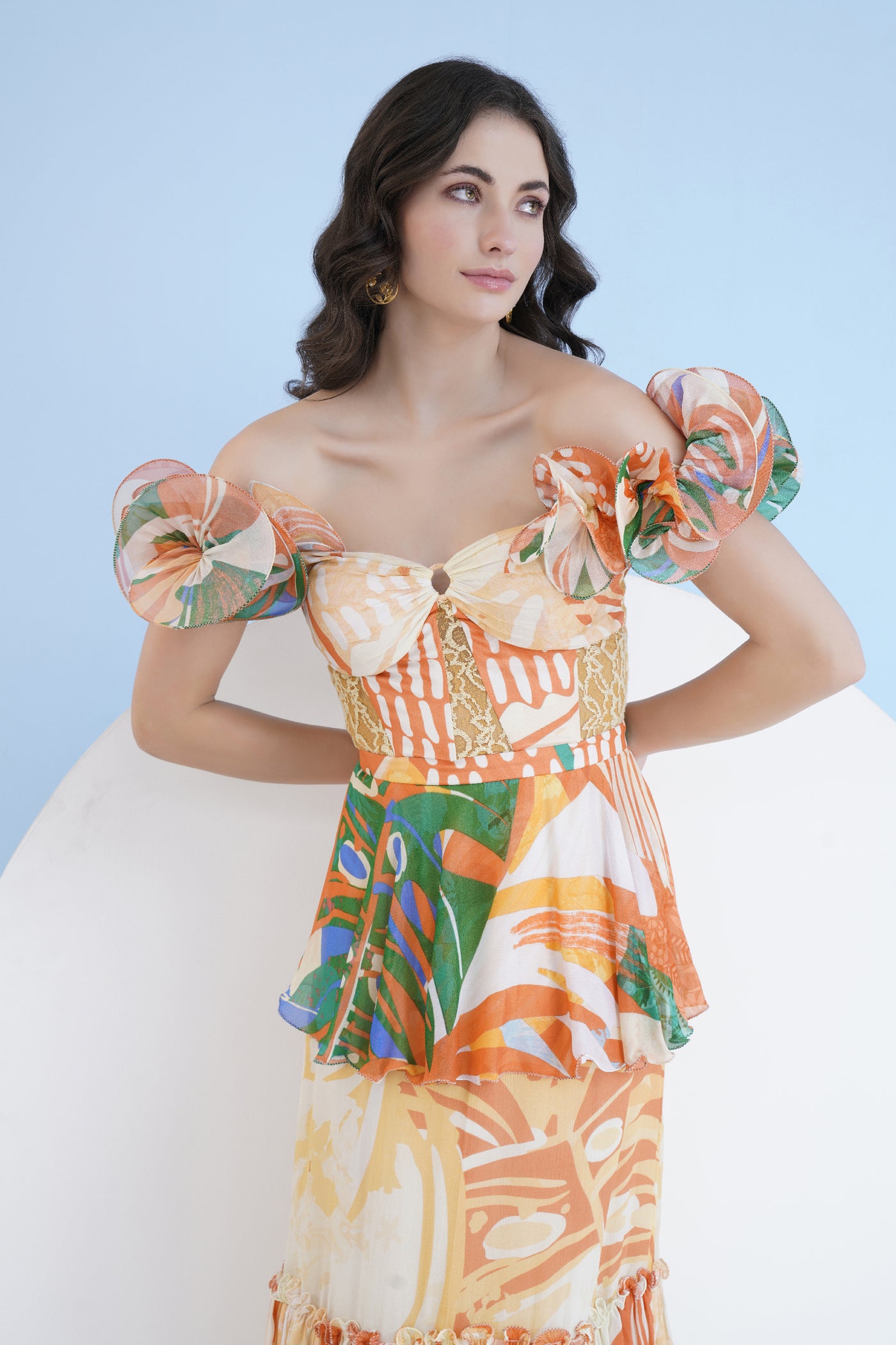 Mandira Wirk Mysterious Tropic Printed Tiered Dress With Corsage Sleeves indian designer wear online shopping melange singapore