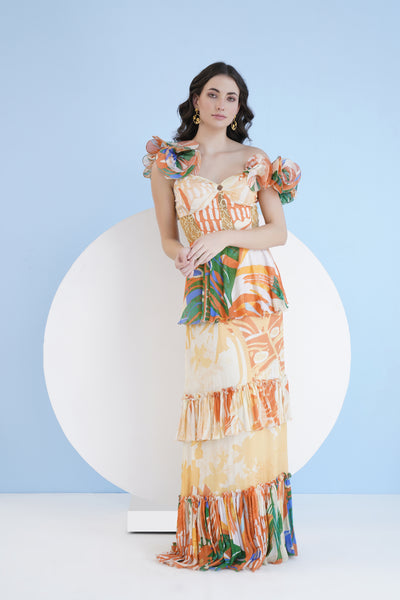 Mandira Wirk Mysterious Tropic Printed Tiered Dress With Corsage Sleeves indian designer wear online shopping melange singapore