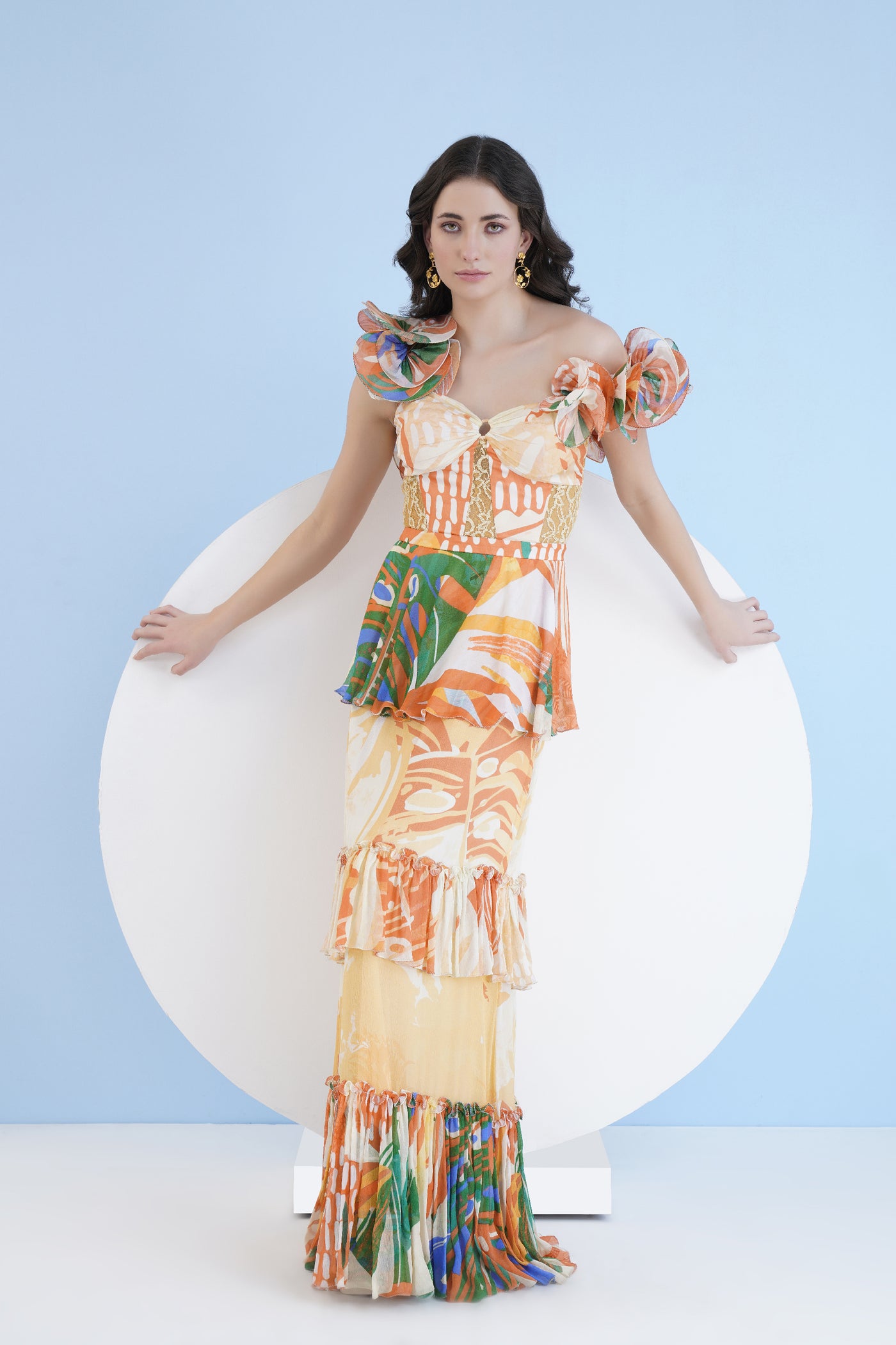Mandira Wirk Mysterious Tropic Printed Tiered Dress With Corsage Sleeves indian designer wear online shopping melange singapore