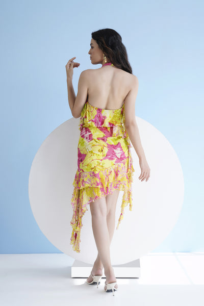 Mandira Wirk Neon Pink Floral Printed Halter Neck Short Dress indian designer wear online shopping melange singapore