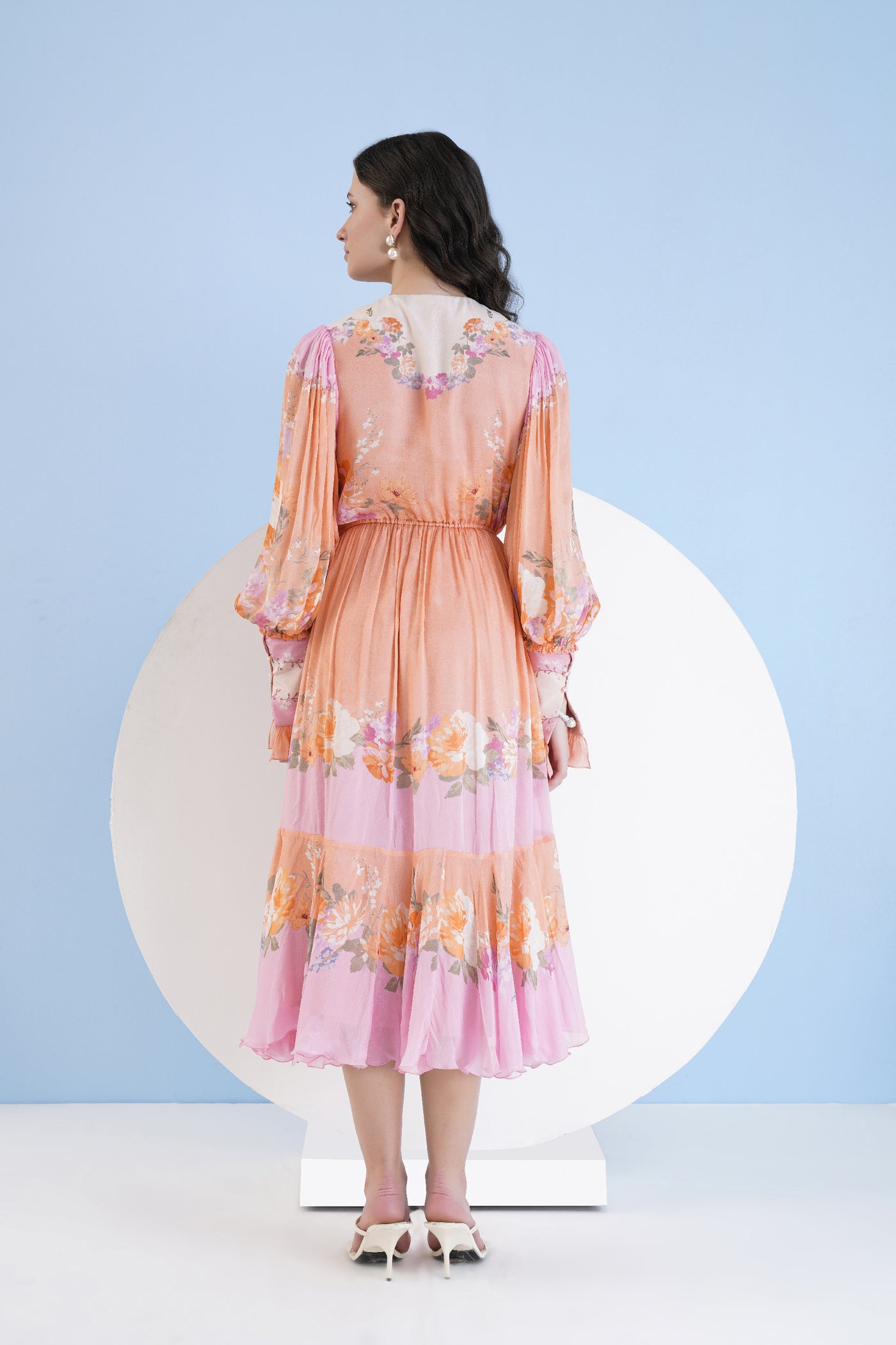 Mandira Wirk Orange Corsage Printed Calf Length Chiffon Dress indian designer wear online shopping melange singapore
