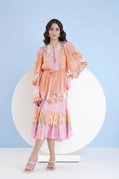 Mandira Wirk Orange Corsage Printed Calf Length Chiffon Dress indian designer wear online shopping melange singapore