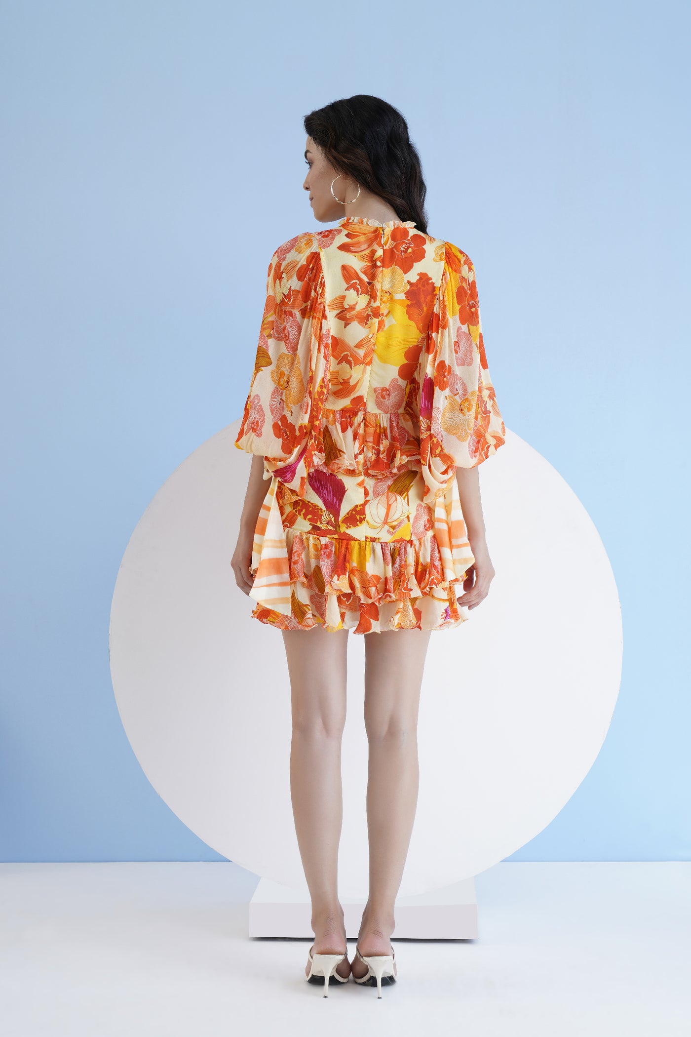 Mandira Wirk Orange Orchid Printed Short Tiered Dress With Baloon Sleeves indian designer wear online shopping melange singapore