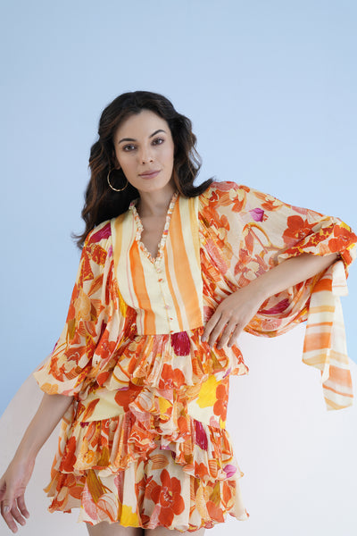 Mandira Wirk Orange Orchid Printed Short Tiered Dress With Baloon Sleeves indian designer wear online shopping melange singapore