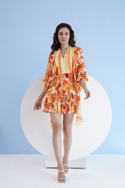 Mandira Wirk Orange Orchid Printed Short Tiered Dress With Baloon Sleeves indian designer wear online shopping melange singapore