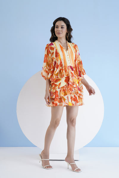 Mandira Wirk Orange Orchid Printed Short Tiered Dress With Baloon Sleeves indian designer wear online shopping melange singapore