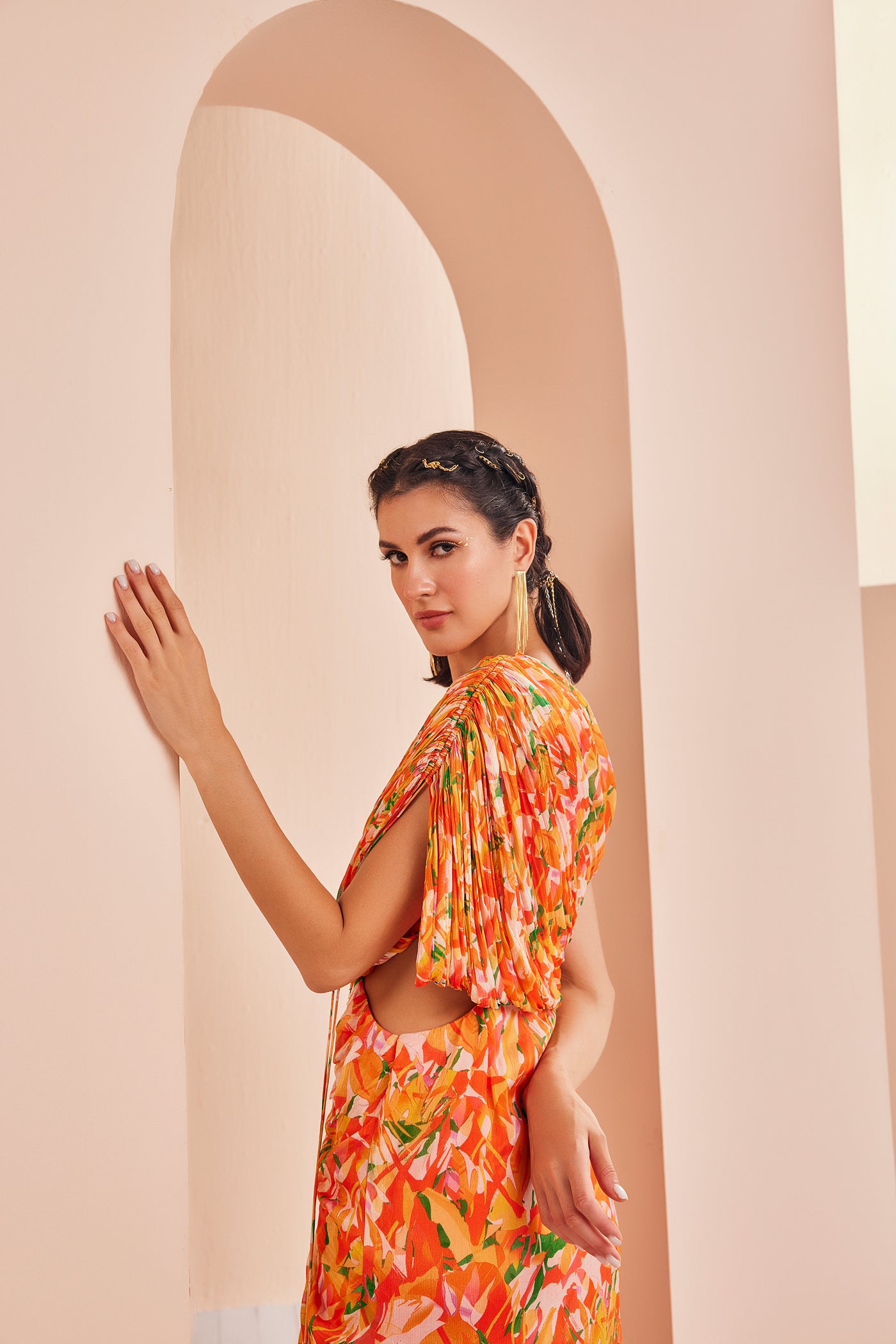Mandira Wirk Orange Printed Mesh Printed Rushed Dress indian designer wear online shopping melange singapore