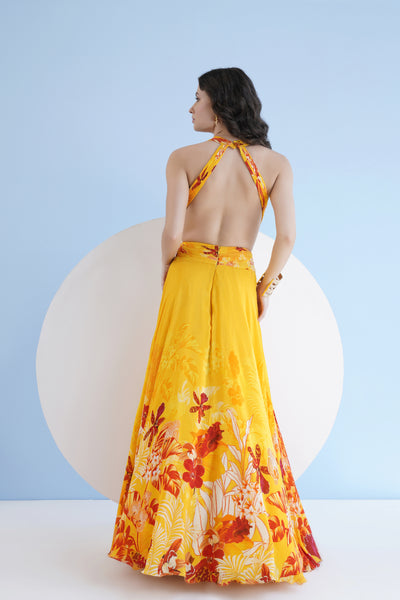 Mandira Wirk Orchid Yellow Printed Long Dress With Halter Neckline And Waist Cutout indian designer wear online shopping melange singapore