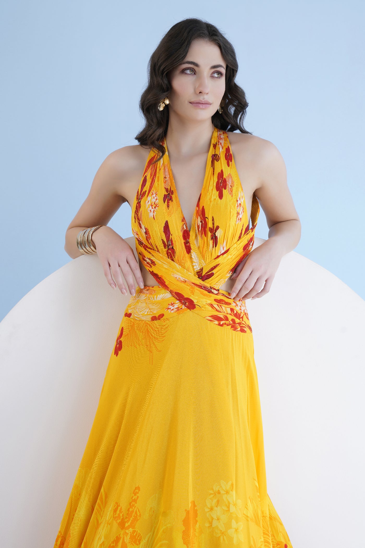 Mandira Wirk Orchid Yellow Printed Long Dress With Halter Neckline And Waist Cutout indian designer wear online shopping melange singapore