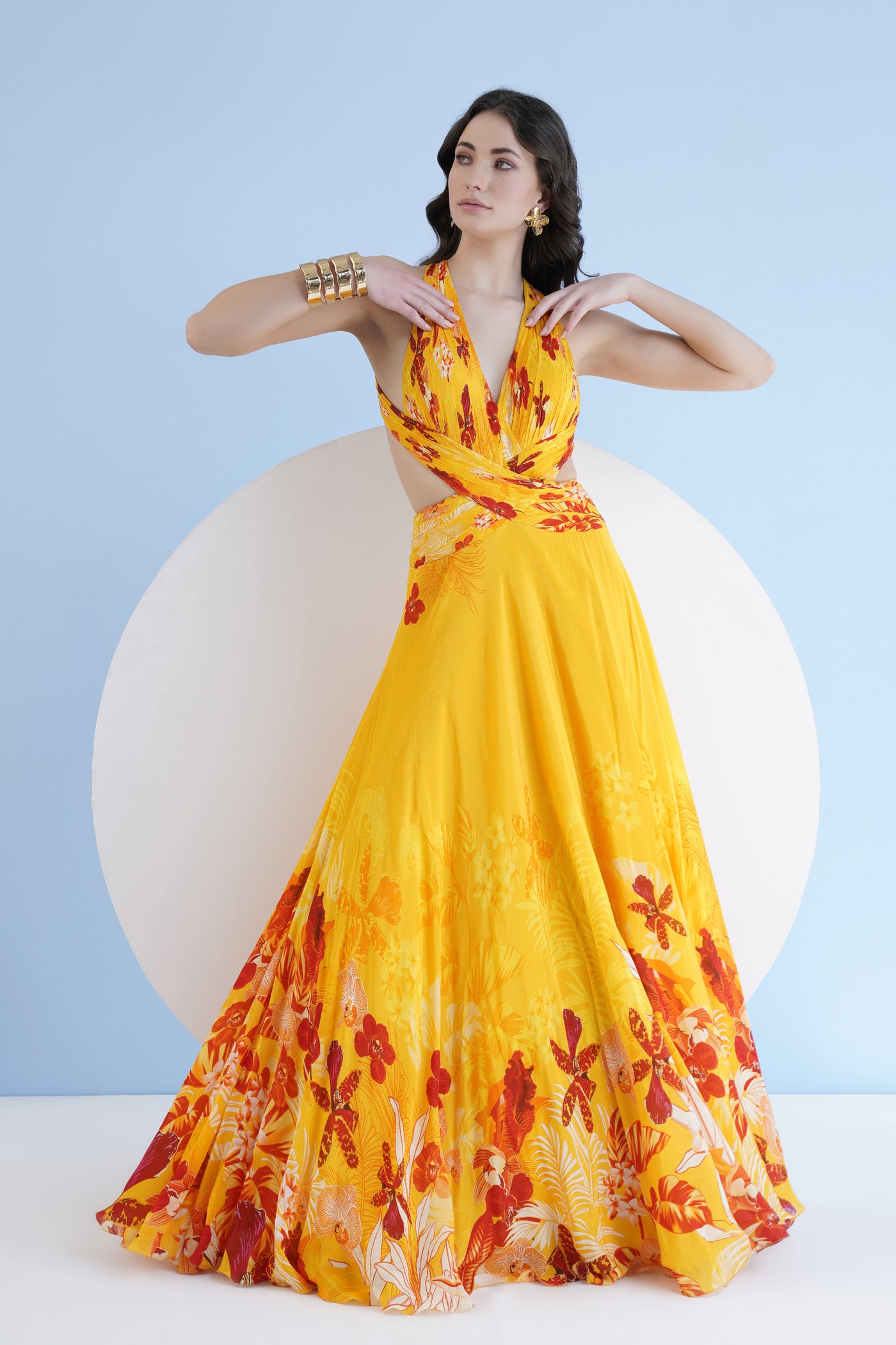 Mandira Wirk Orchid Yellow Printed Long Dress With Halter Neckline And Waist Cutout indian designer wear online shopping melange singapore