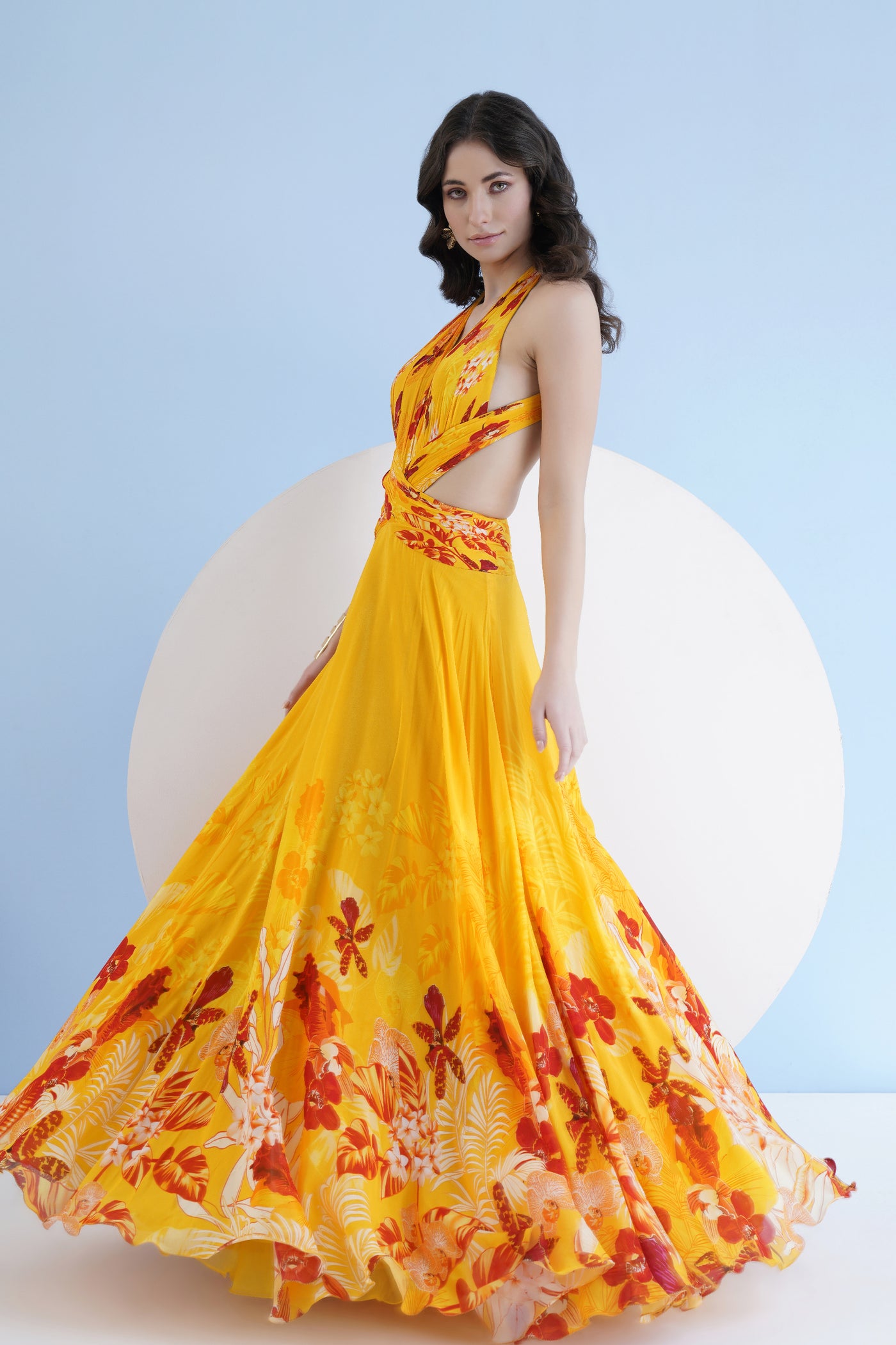 Mandira Wirk Orchid Yellow Printed Long Dress With Halter Neckline And Waist Cutout indian designer wear online shopping melange singapore