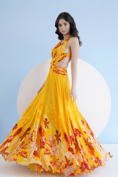 Mandira Wirk Orchid Yellow Printed Long Dress With Halter Neckline And Waist Cutout indian designer wear online shopping melange singapore