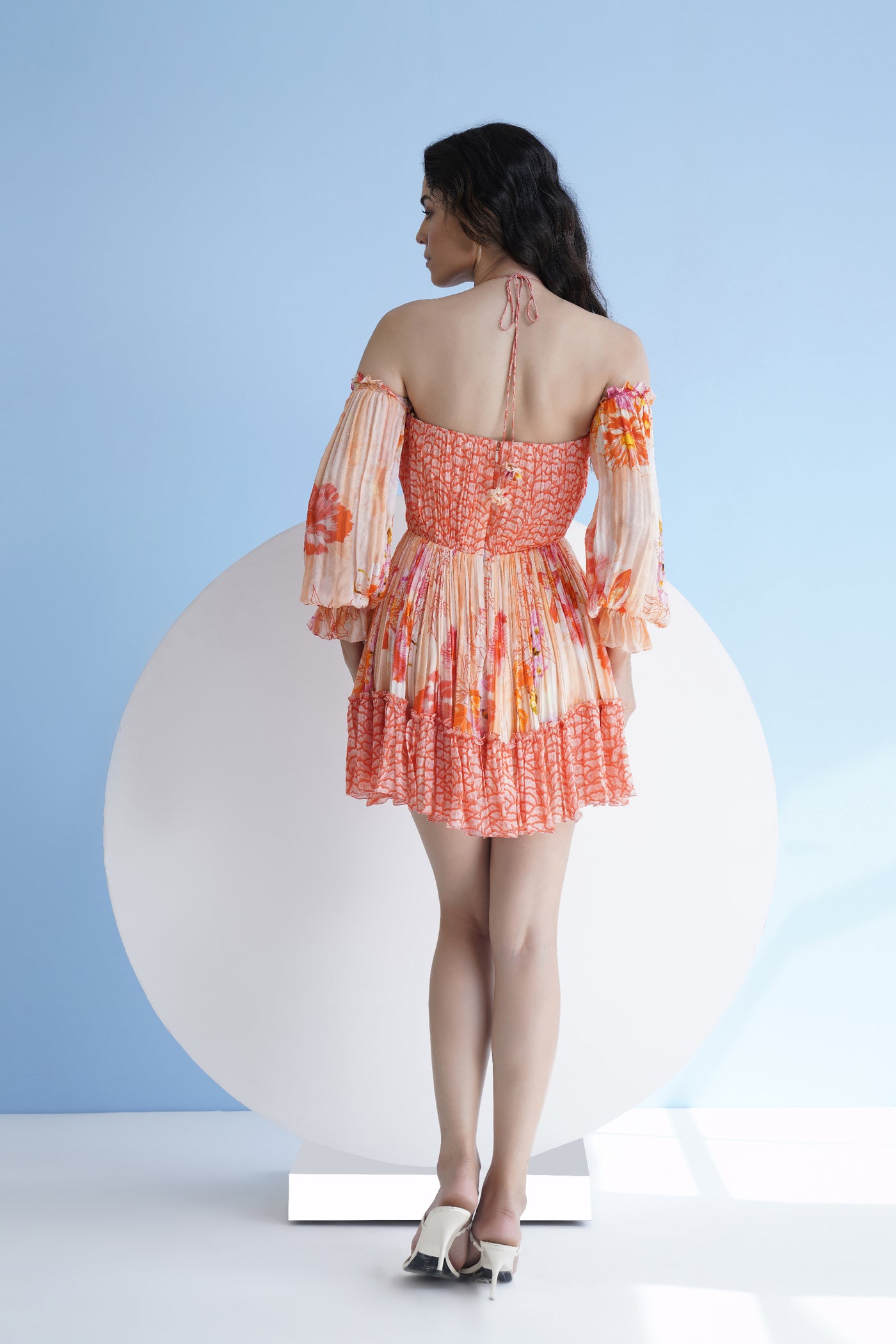 Mandira Wirk Pastoral Mist And Mushroom Printed Short Dress With Halter Neck Tie indian designer wear online shopping melange singapore