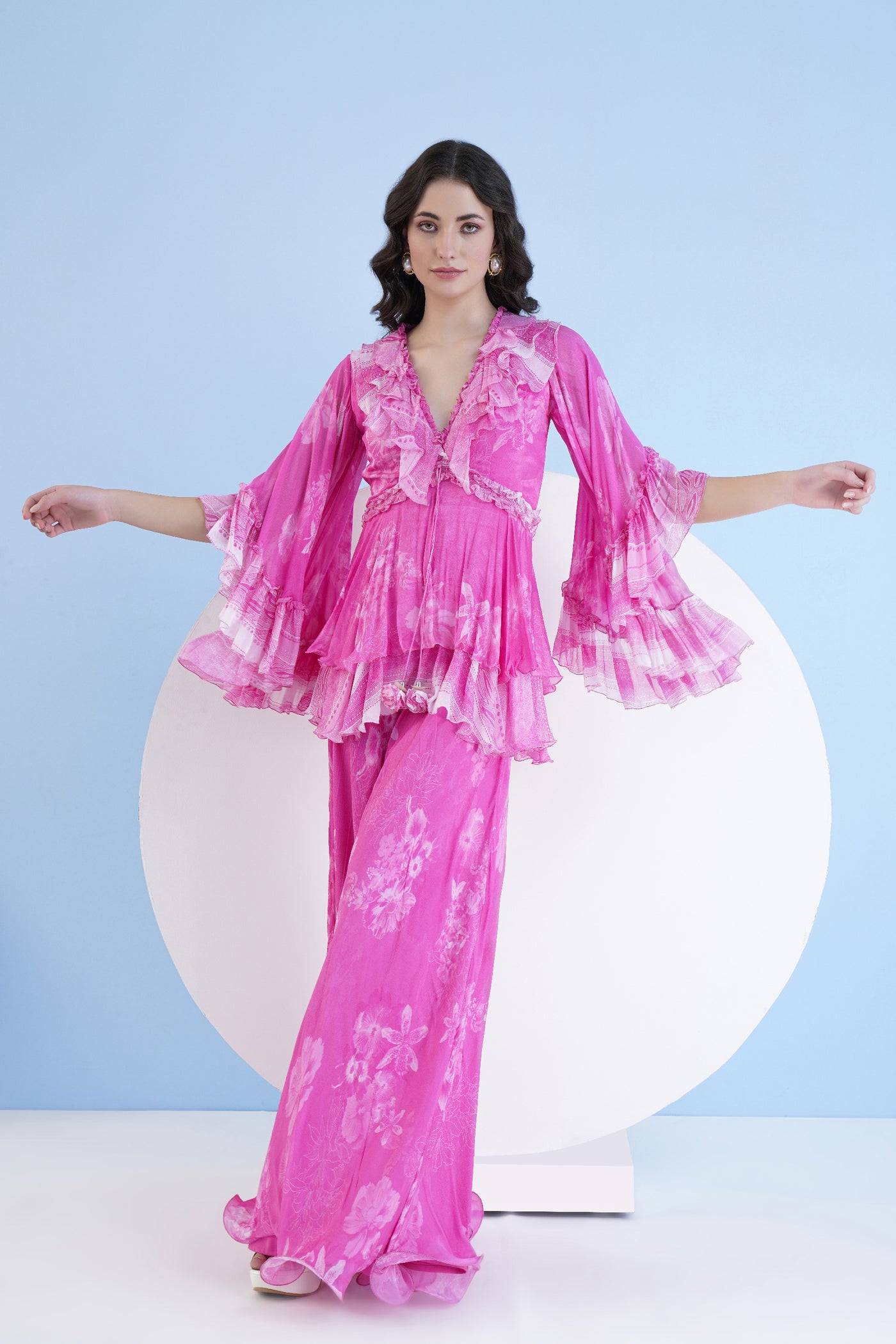 Mandira Wirk Pastoral Mist Printed Flared Jumpsuit indian designer wear online shopping melange singapore