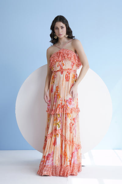 Mandira Wirk Pastoral Mist Printed Halter Neck Pleated Dress With Frill Detail indian designer wear online shopping melange singapore