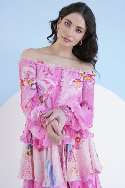 Mandira Wirk Pastoral Mist Printed Off Shoulder Tiered Dress indian designer wear online shopping melange singapore