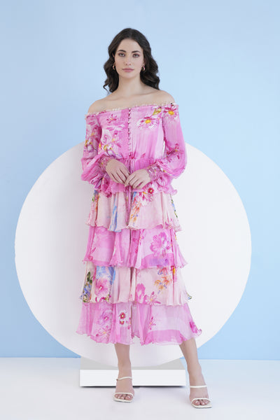 Mandira Wirk Pastoral Mist Printed Off Shoulder Tiered Dress indian designer wear online shopping melange singapore