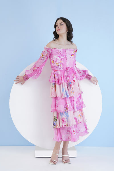 Mandira Wirk Pastoral Mist Printed Off Shoulder Tiered Dress indian designer wear online shopping melange singapore