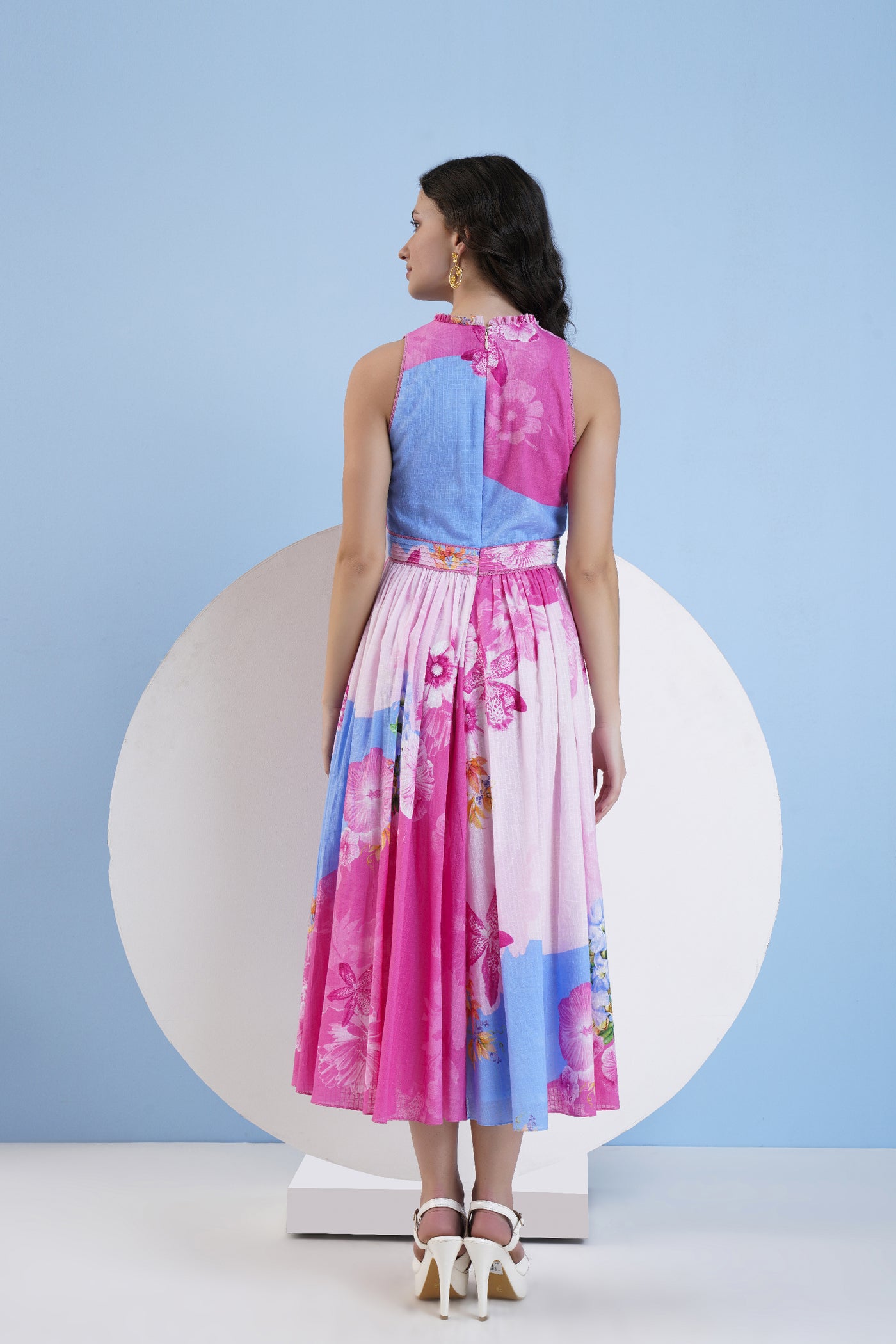 Mandira Wirk Pastoral Printed Cotton Check Calf Length Dress indian designer wear online shopping melange singapore