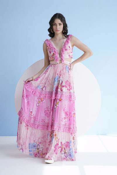 Mandira Wirk Pastoral Printed Dress With Frilled Plunging Neckline And Waist Cutout indian designer wear online shopping melange singapore
