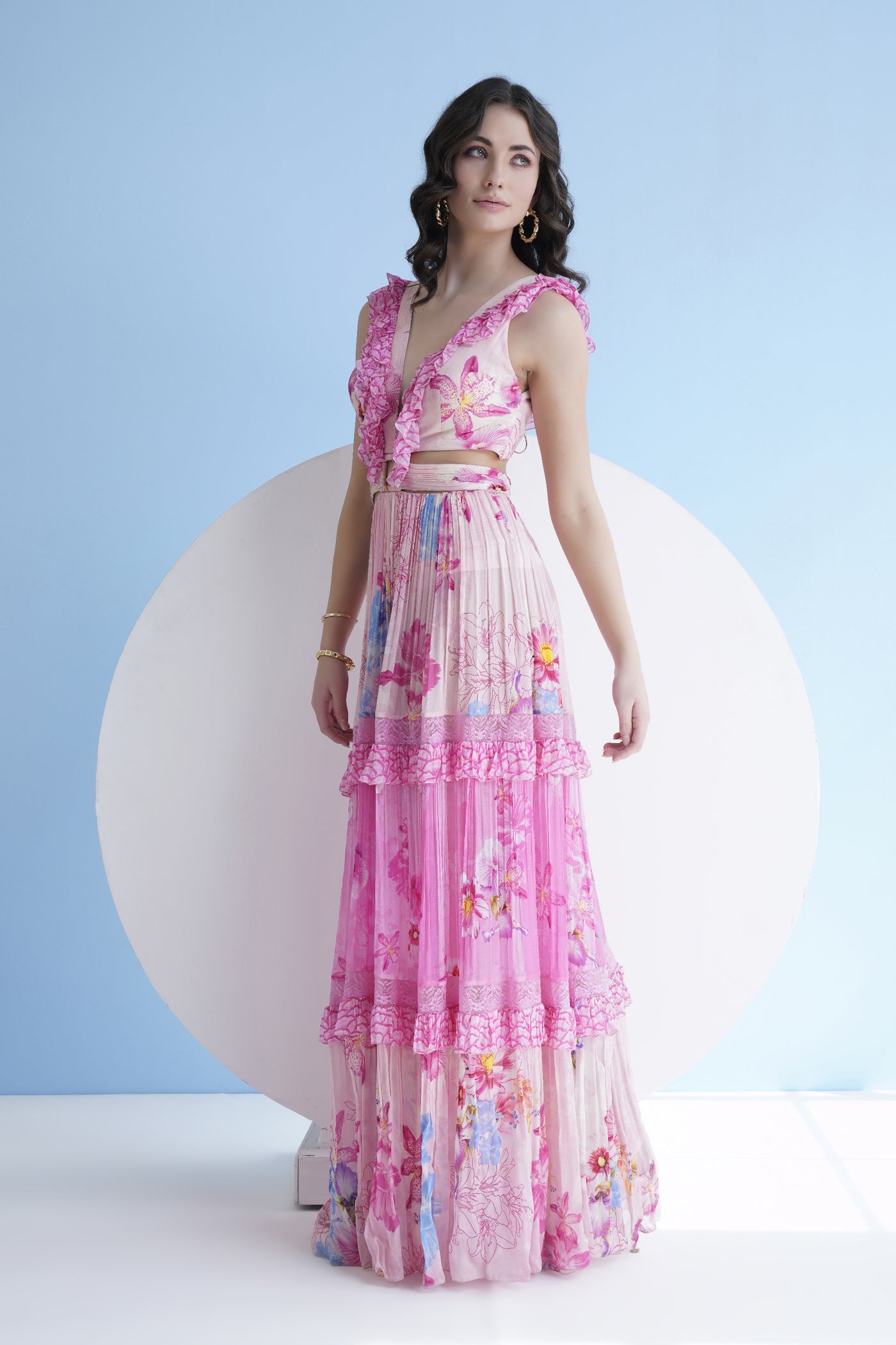 Mandira Wirk Pastoral Printed Dress With Frilled Plunging Neckline And Waist Cutout indian designer wear online shopping melange singapore