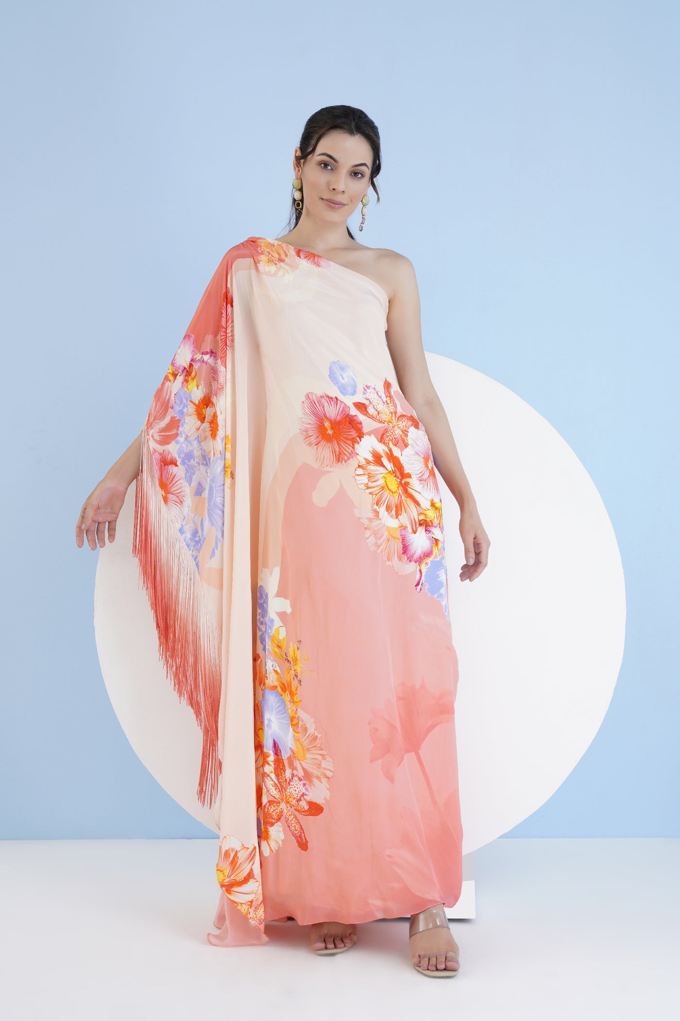 Mandira Wirk Peach Damsel One Shoulder Long Kaftan indian designer wear online shopping melange singapore