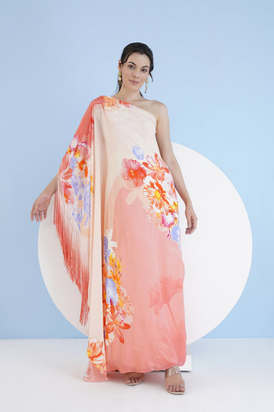 Mandira Wirk Peach Damsel One Shoulder Long Kaftan indian designer wear online shopping melange singapore