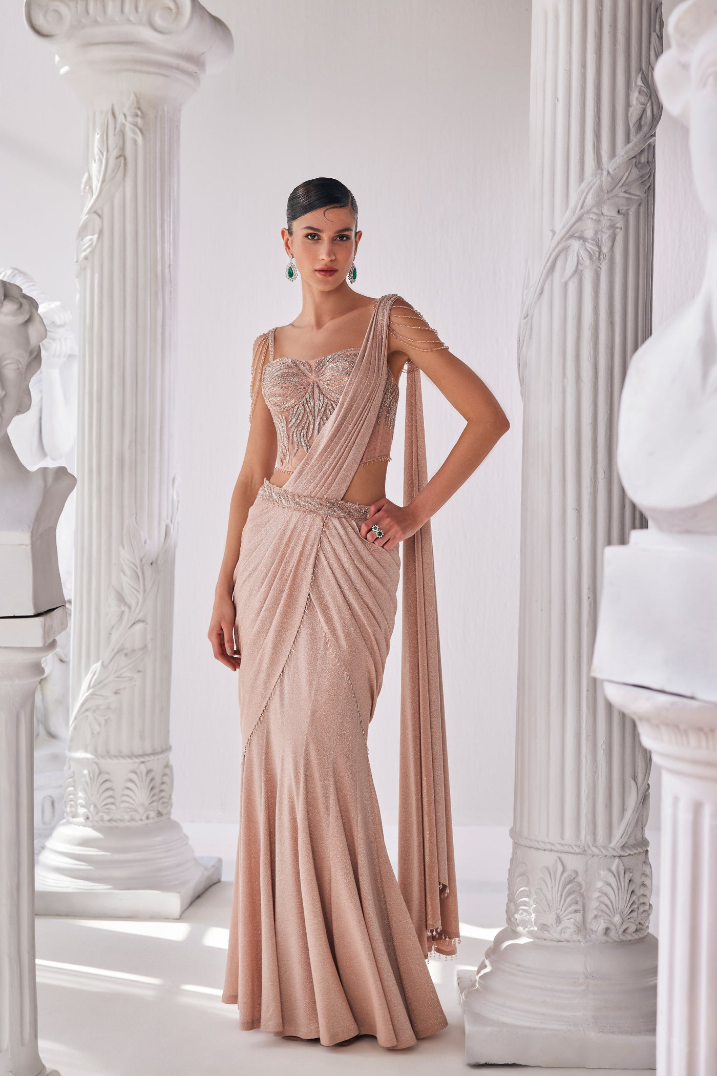 Mandira Wirk Peach Draped Saree indian designer wear online shopping melange singapore