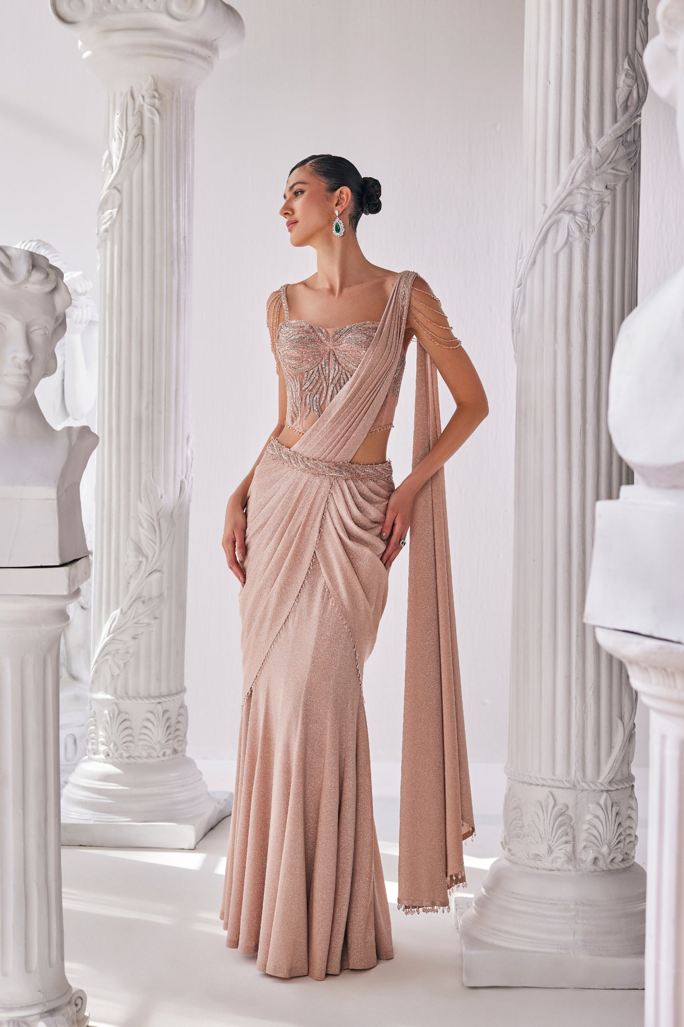 Mandira Wirk Peach Draped Saree indian designer wear online shopping melange singapore