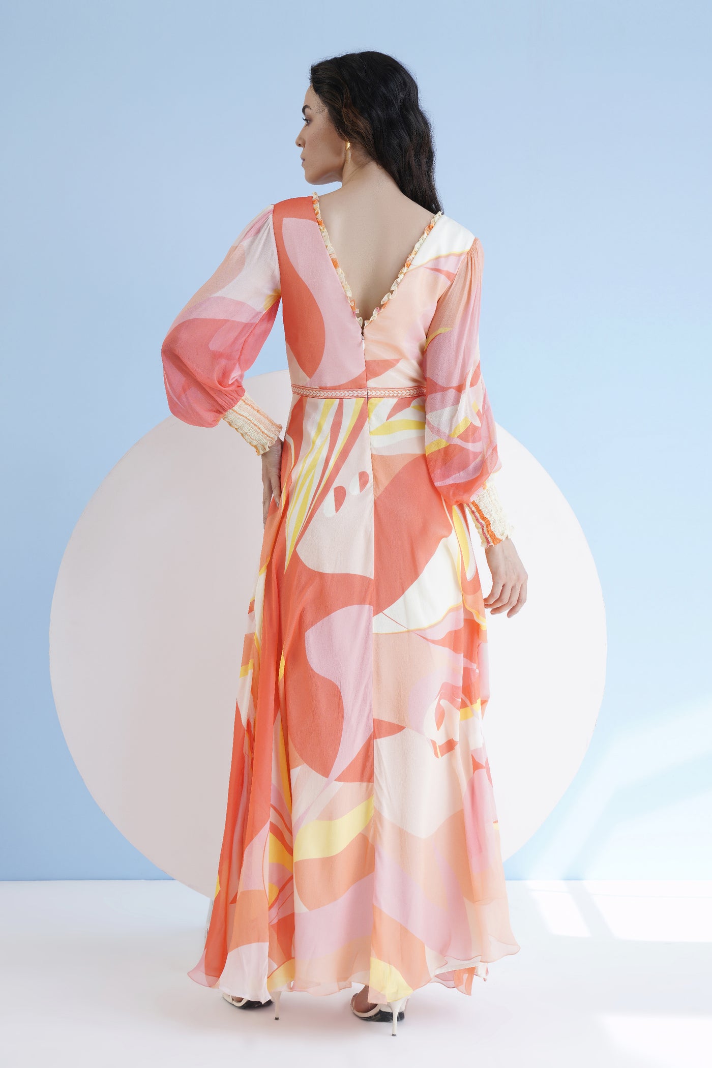 Mandira Wirk Peach Golden Ratio Printed Long Dress With Plunging Neckline indian designer wear online shopping melange singapore