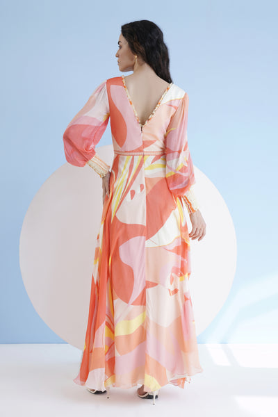Mandira Wirk Peach Golden Ratio Printed Long Dress With Plunging Neckline indian designer wear online shopping melange singapore