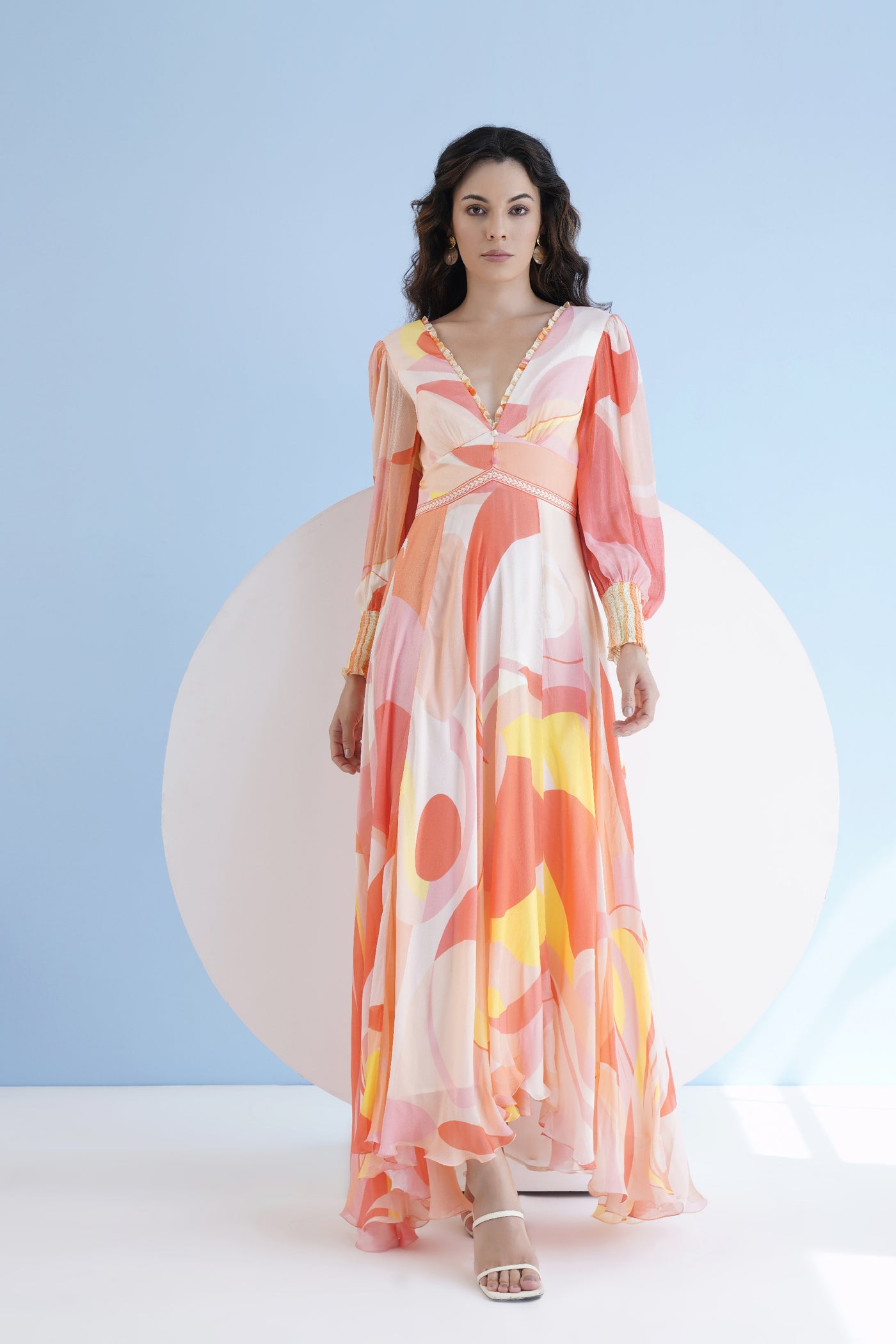 Mandira Wirk Peach Golden Ratio Printed Long Dress With Plunging Neckline indian designer wear online shopping melange singapore