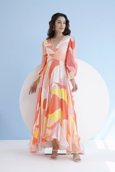 Mandira Wirk Peach Golden Ratio Printed Long Dress With Plunging Neckline indian designer wear online shopping melange singapore