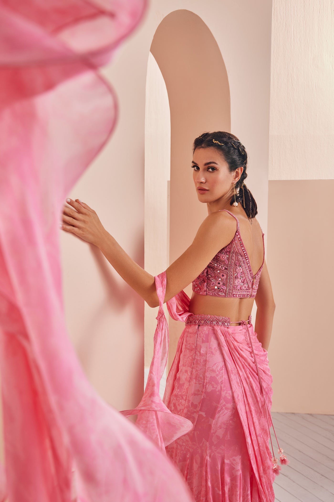 Mandira Wirk Chiffon Draped Saree With Embroidered Blouse And Belt indian designer wear online shopping melange singapore
