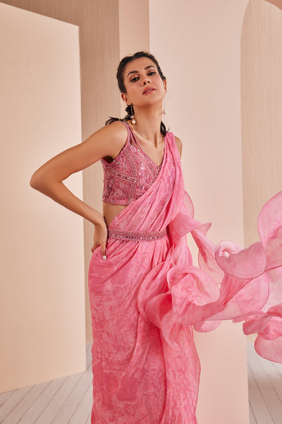 Mandira Wirk Chiffon Draped Saree With Embroidered Blouse And Belt indian designer wear online shopping melange singapore