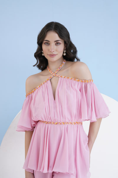 Mandira Wirk Pink Embroidered Cross Neck Jumpsuit With Flared Sleeves indian designer wear online shopping melange singapore