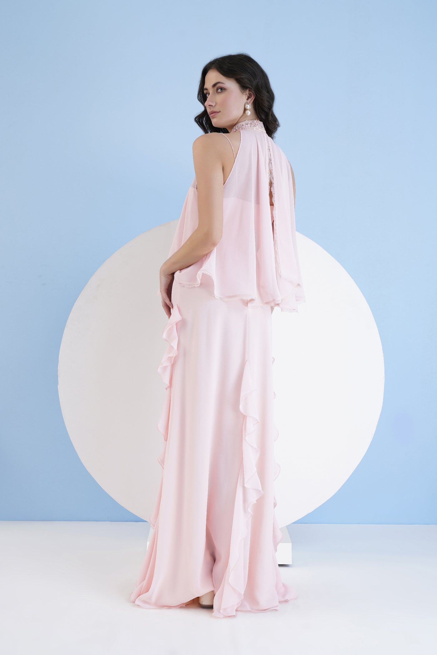 Mandira Wirk Pink Long Dress With Short Embroidered Cape indian designer wear online shopping melange singapore