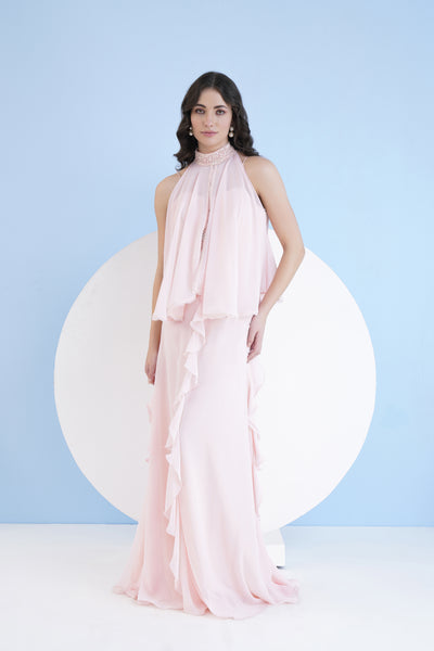 Mandira Wirk Pink Long Dress With Short Embroidered Cape indian designer wear online shopping melange singapore