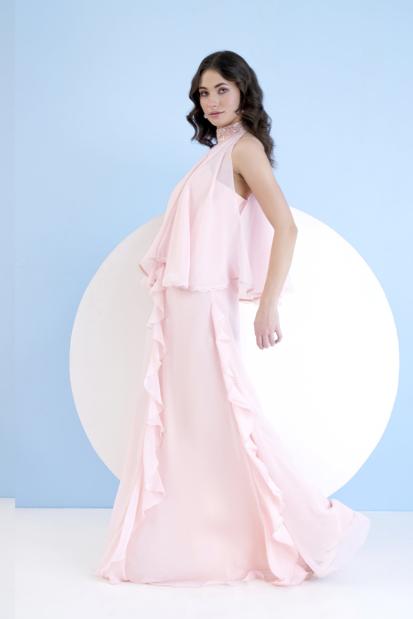 Mandira Wirk Pink Long Dress With Short Embroidered Cape indian designer wear online shopping melange singapore