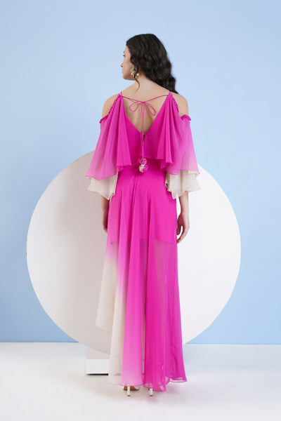 Mandira Wirk Pink Ombre High Low Dress With Shoulder Cutout And Flared Sleeve indian designer wear online shopping melange singapore