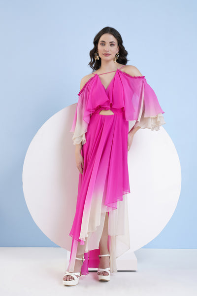 Mandira Wirk Pink Ombre High Low Dress With Shoulder Cutout And Flared Sleeve indian designer wear online shopping melange singapore