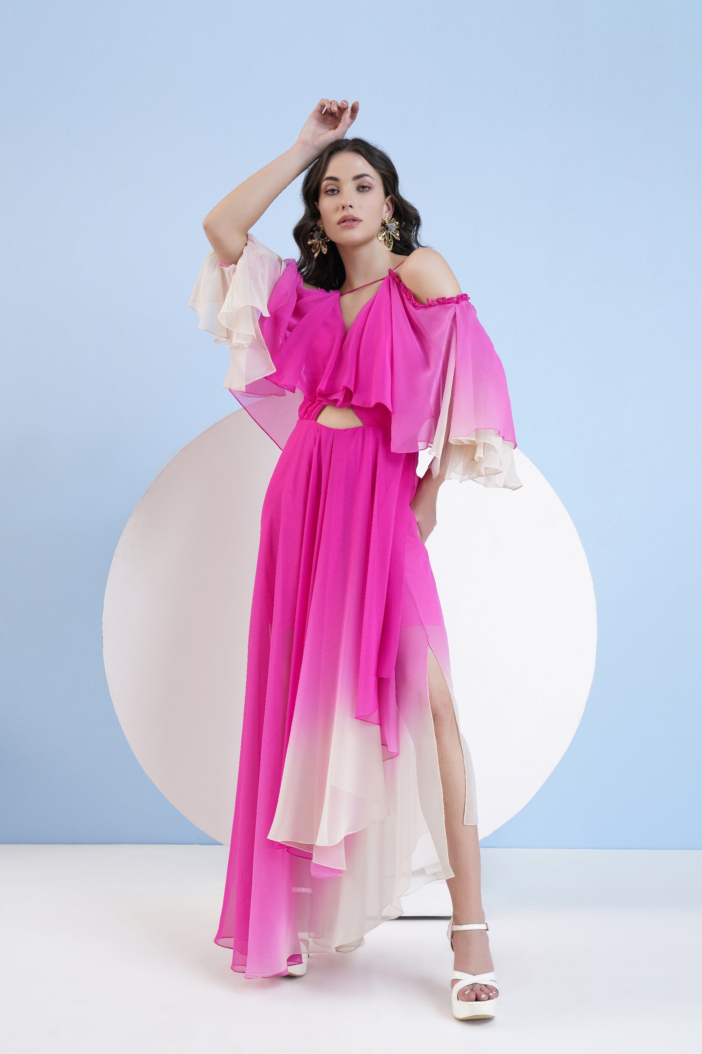 Mandira Wirk Pink Ombre High Low Dress With Shoulder Cutout And Flared Sleeve indian designer wear online shopping melange singapore