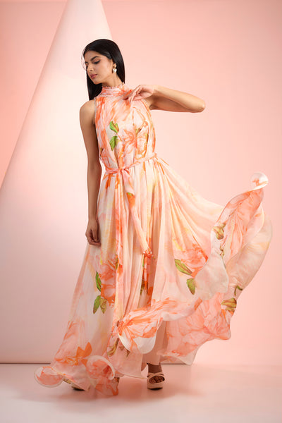 Mandira Wirk Printed  Dress Orange Indian designer wear online shopping melange singapore