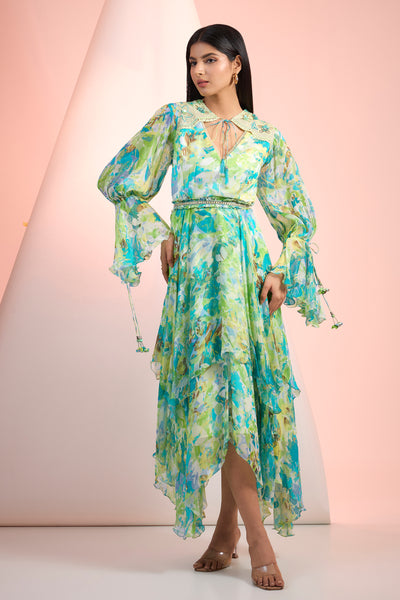 Mandira Wirk Printed  Dress Sea Green Indian designer wear online shopping melange singapore