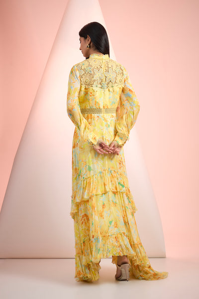 Mandira Wirk Printed  Dress Yellow Indian designer wear online shopping melange singapore