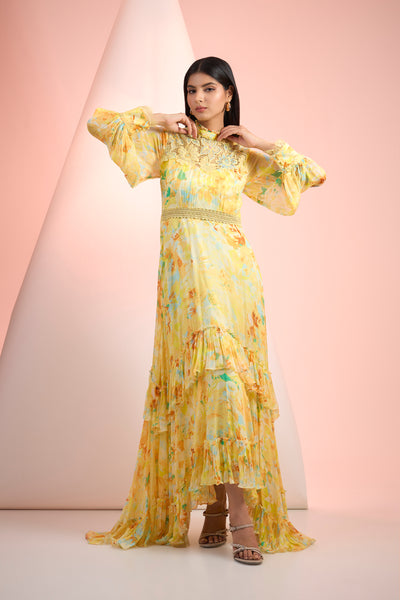 Mandira Wirk Printed  Dress Yellow Indian designer wear online shopping melange singapore