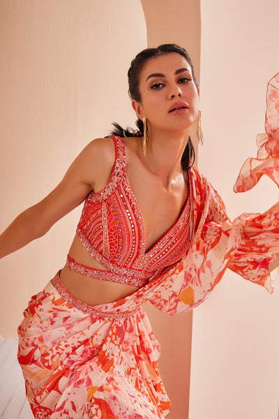 Mandira Wirk Printed Georgette Lurex Draped Saree With Blouse And Belt indian designer wear online shopping melange singapore