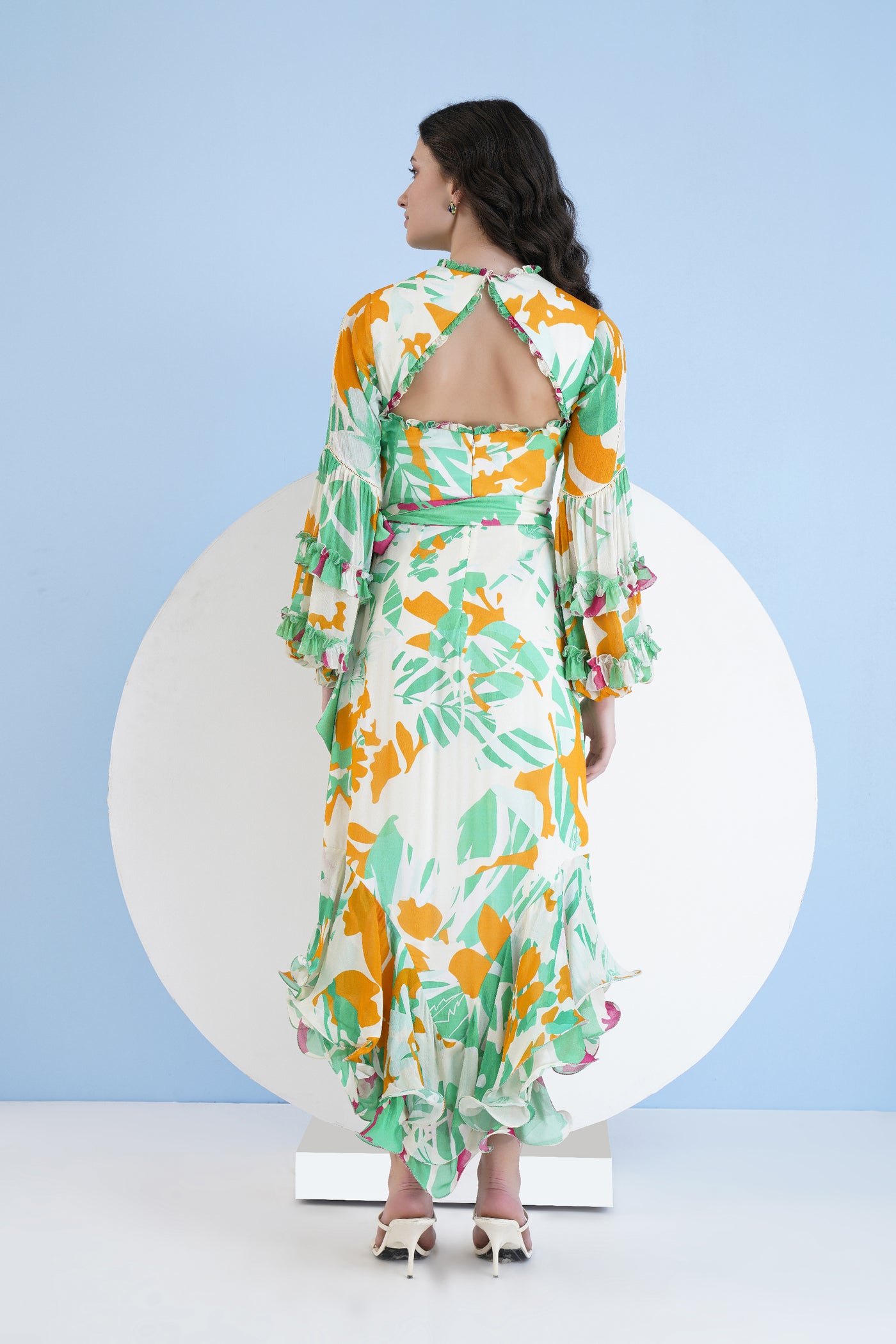 Mandira Wirk Printed High Low Dress With Frilled Puff Sleeves And Constructed Yoke indian designer wear online shopping melange singapore