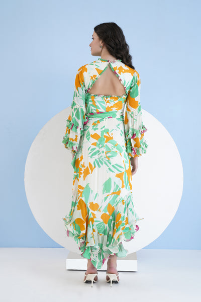 Mandira Wirk Printed High Low Dress With Frilled Puff Sleeves And Constructed Yoke indian designer wear online shopping melange singapore